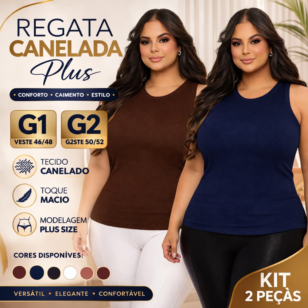 Kit 02 Regata Canelada Plus Size Feminina G1 G2 Básica Casual Ribana Confortável