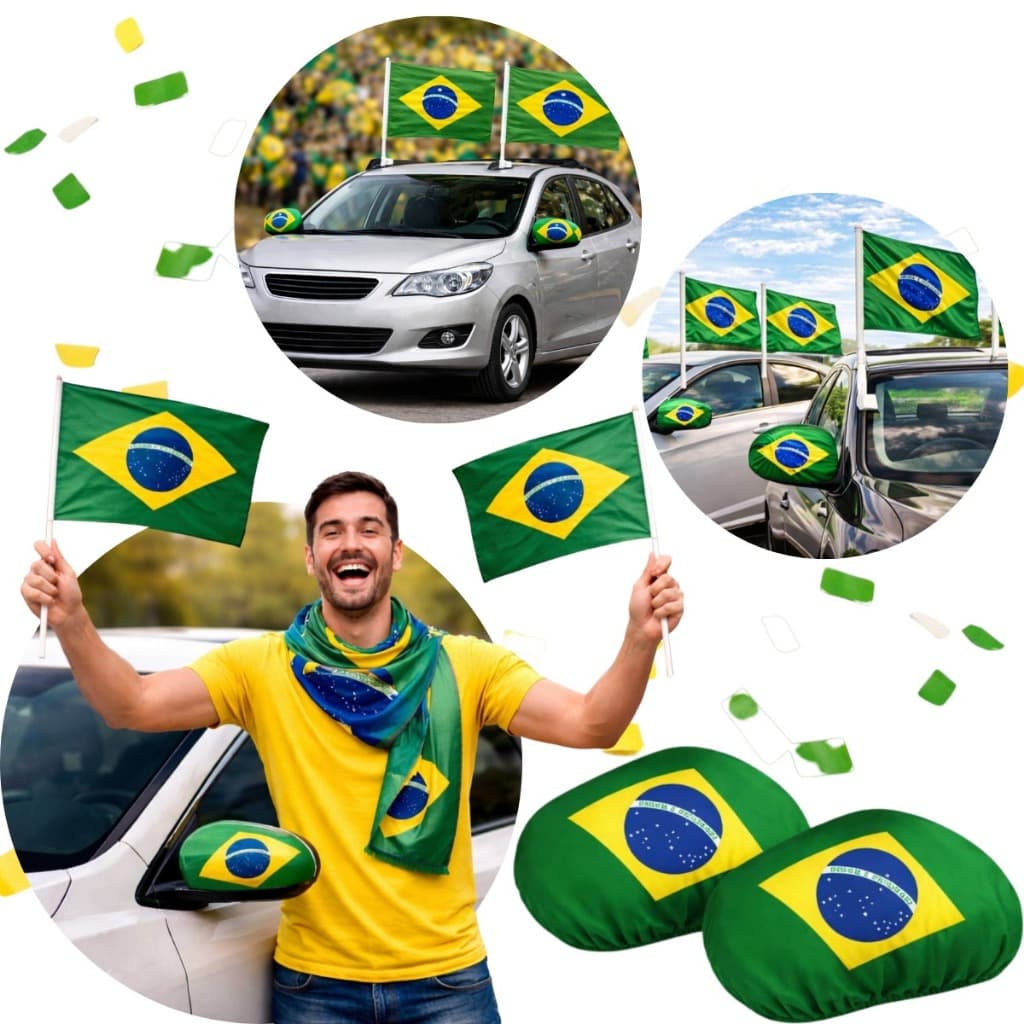Kit Capa Retrovisor Brasil + Bandeira Carro Copa 2026 Acessórios Torcida Futebol