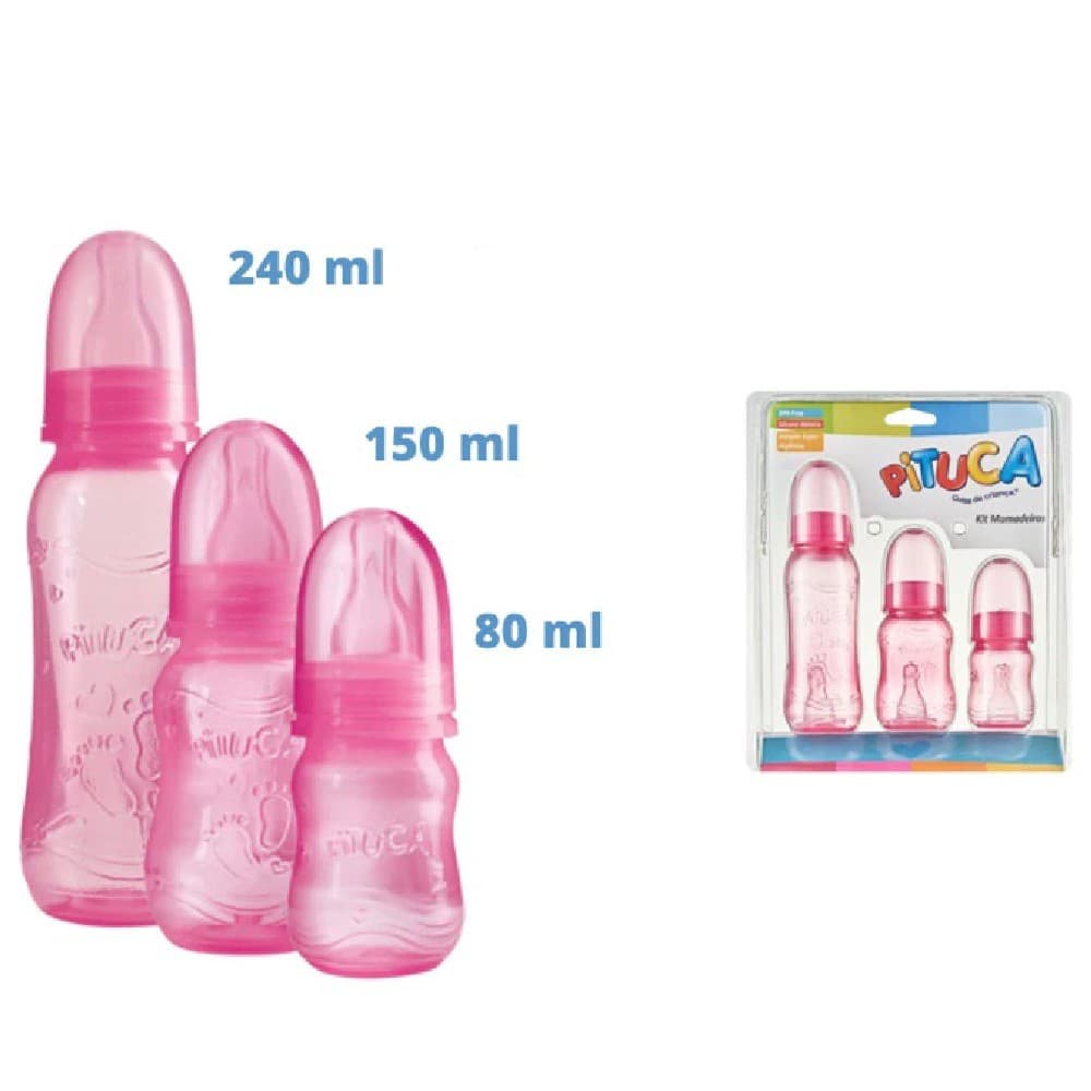 kit Mamadeira Para Bebê Pituca 80ml + 150ml + 240ml Mamadeira com Alça
