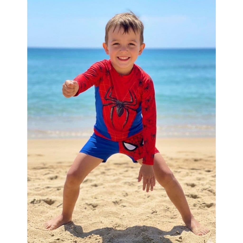 Conjunto Moda Praia Calor Herói Homem Aranha Camisa Com Proteção Uv E Sunga