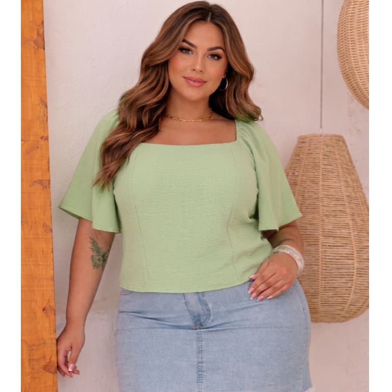 Blusa Femenina Plus Size DUNA MANGA CURTA Soltinha Bufante, com Elastex nas Costas, 46 AO 50