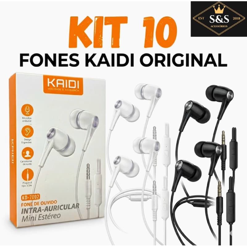 Kit 10 fones de ouvido Kaidi Brasil resistente 100% original com microfone e isolamento acústico e controle de chamadas