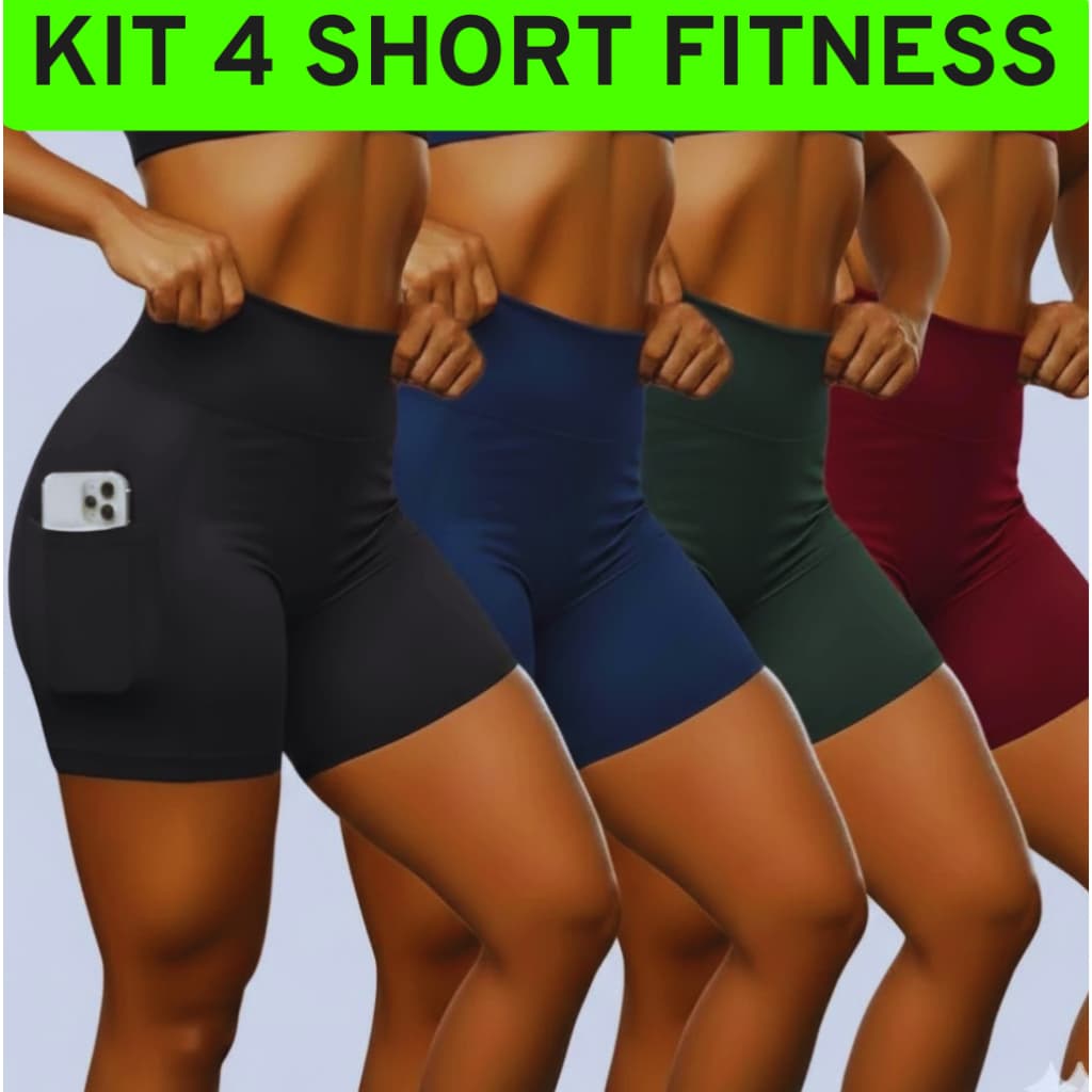 Kit 4 Shorts Academia Feminino Cintura Alta com Bolso Suplex Premium Não Transparente