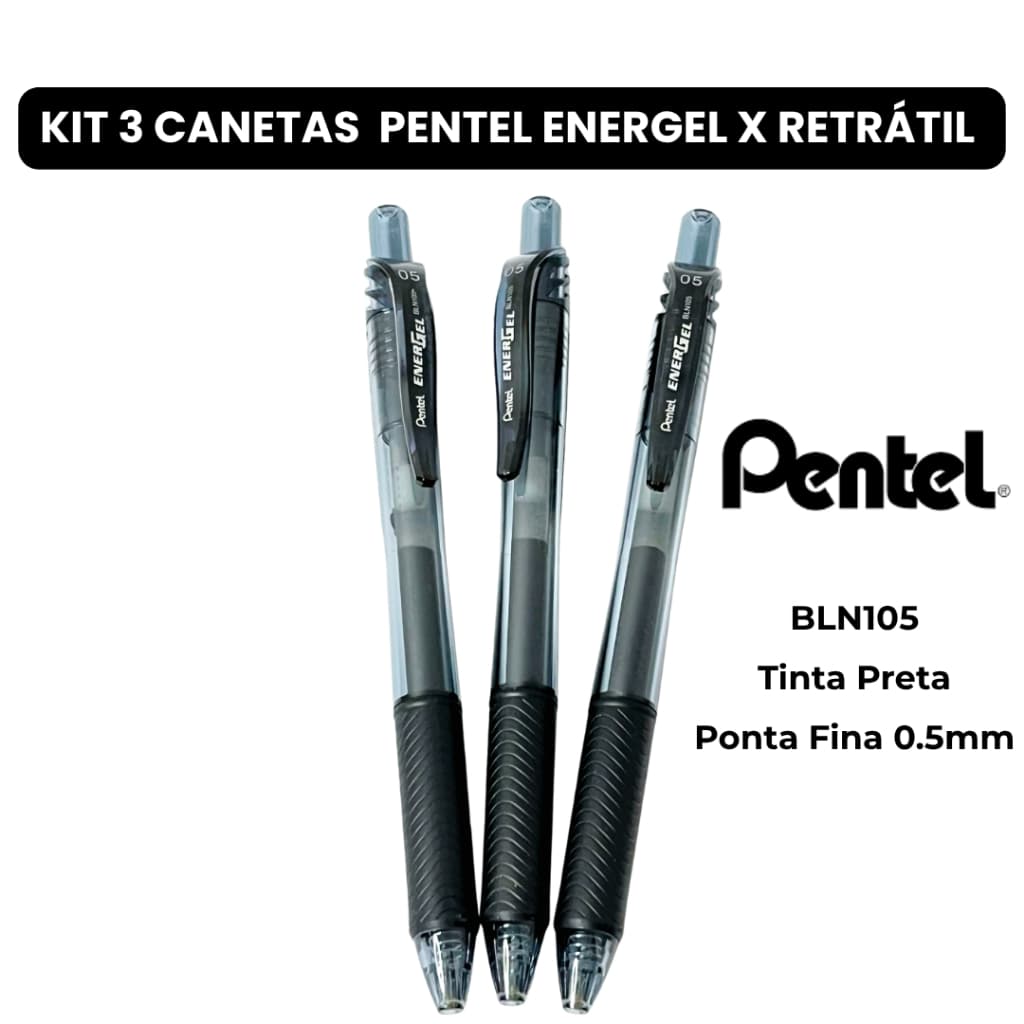 Kit 3 Canetas Gel Pentel Energel X 0.5 Preta BLN105 Retrátil Secagem Rápida Original Japão