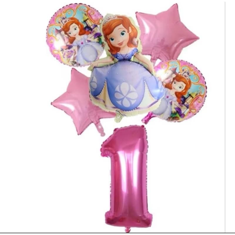 Kit c/5/6 balões metalizado princesas sofia,redondo,estrela mede 45 cm,número 40 cm