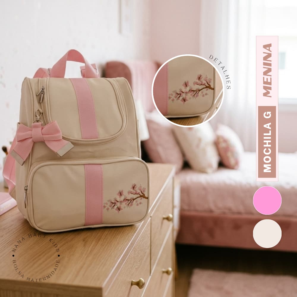 Mochila Maternidade Estilo e Elegância Rosa Bebê Bordado Galho Luxo