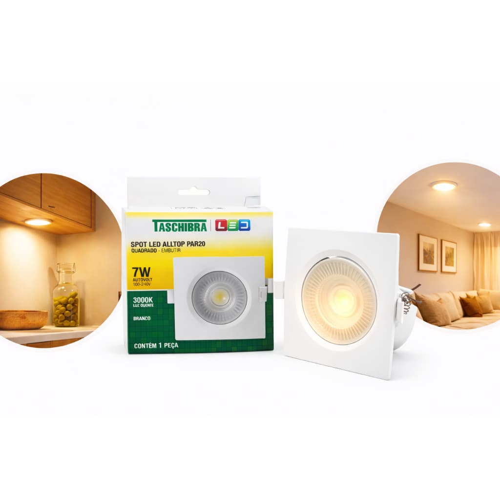 luminaria led 7w quadrado spot de embutir luz amarela 3000k branco taschibra