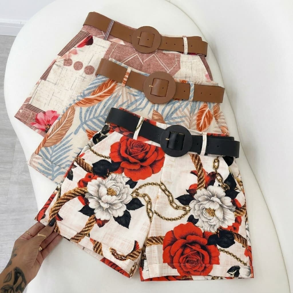 Short Bermuda Feminina c/ Cinto e Bolsos Funcionais Cintura Alta Modela Bumbum Elegante Soltinho