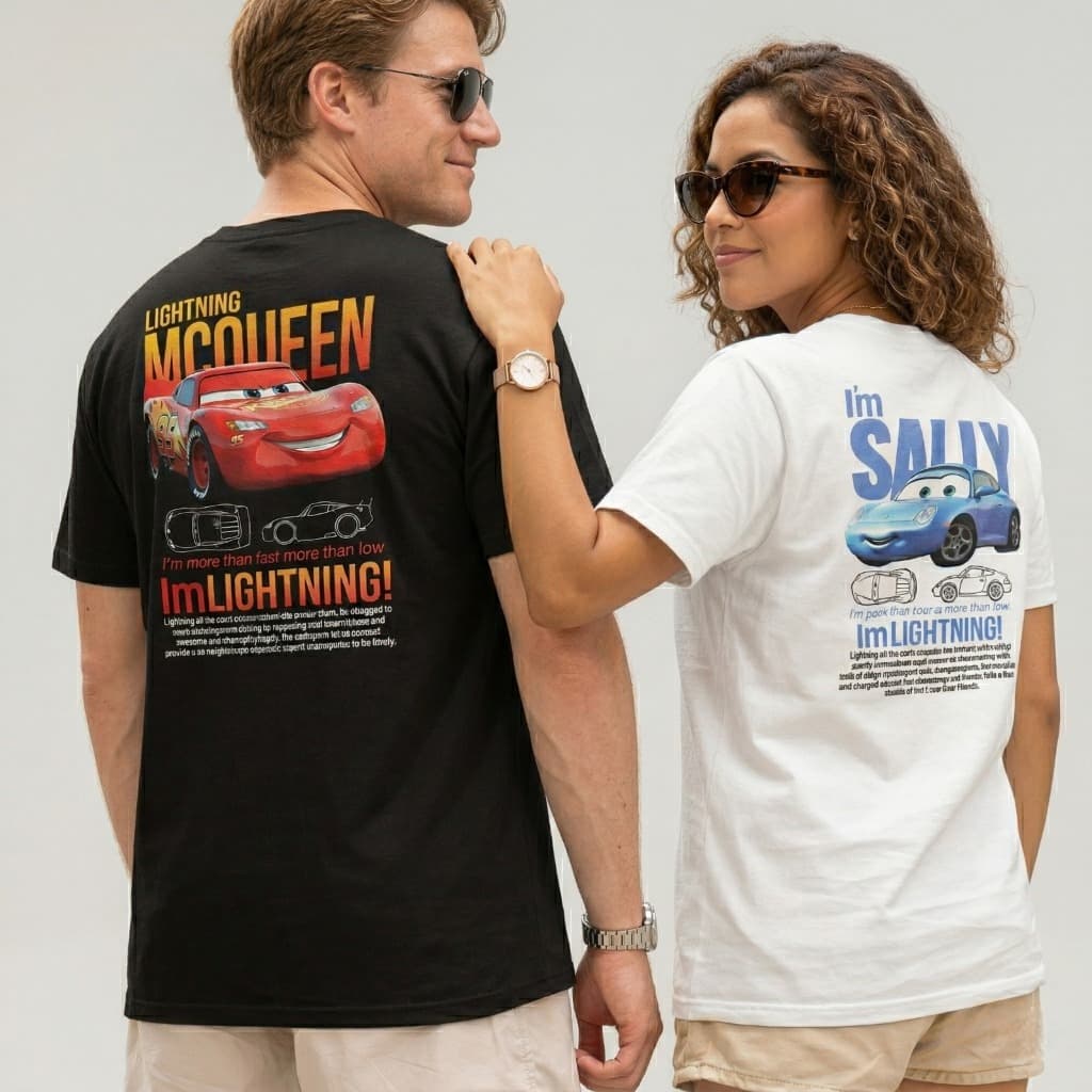 Kit 2 Camisetas Casal McQueen e Sally Filme Carros Roupa Casal Masculino Feminino Namorados 100% Algodão