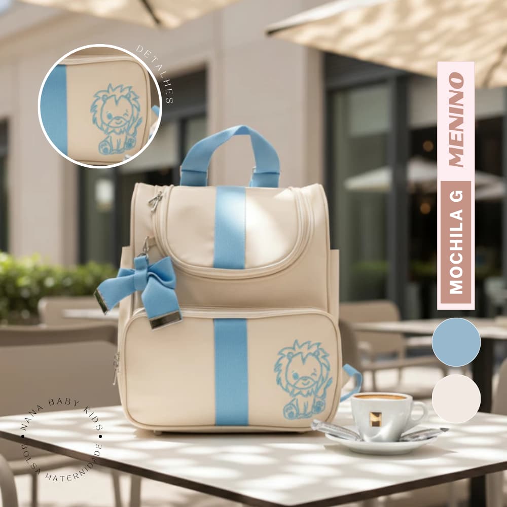 Mochila Maternidade Estilo e Elegância Azul Bebê Bordado Leão Luxo