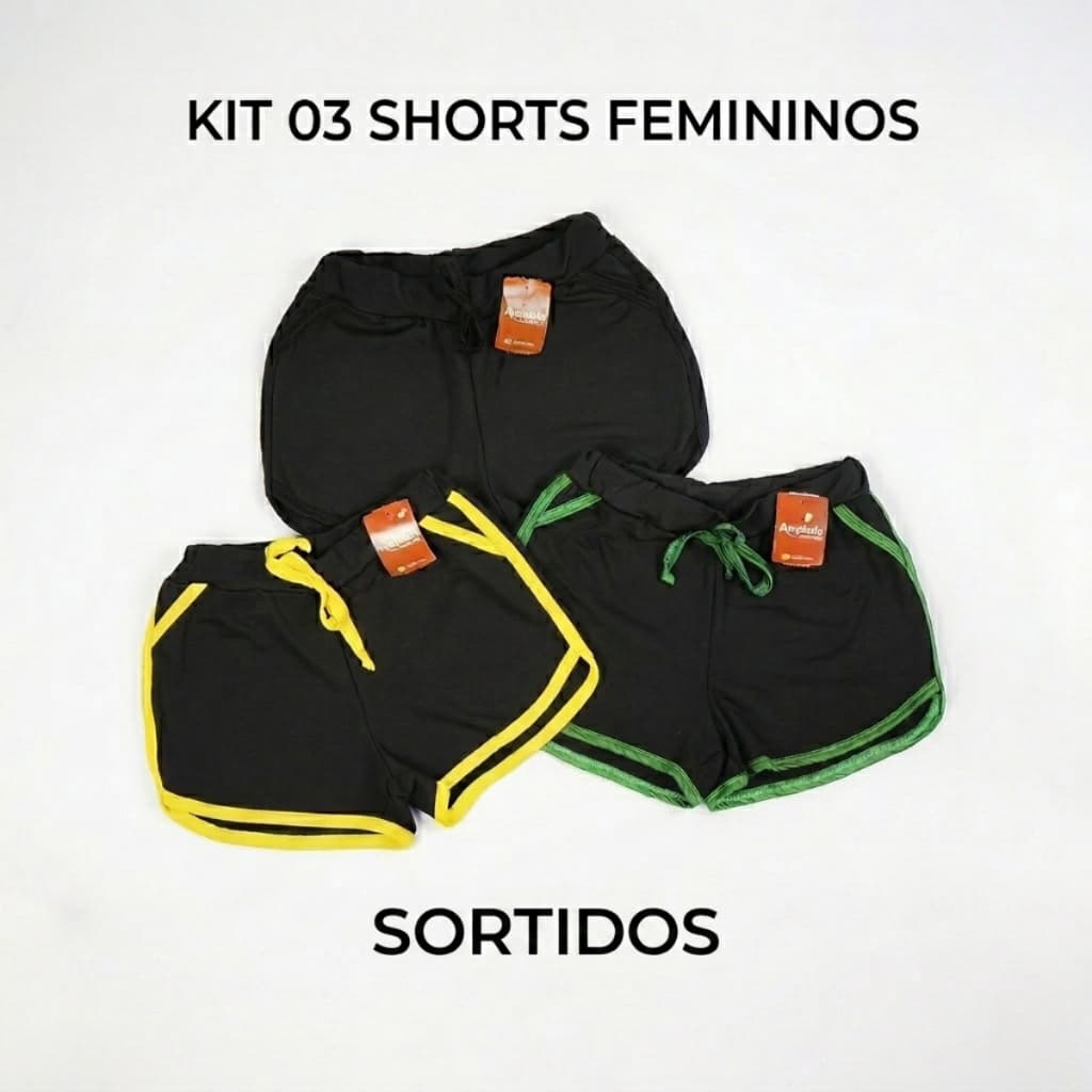 Kit 3 Shorts Femininos Academia Treino Fitness Cós Alto Suplex Confortável Preto