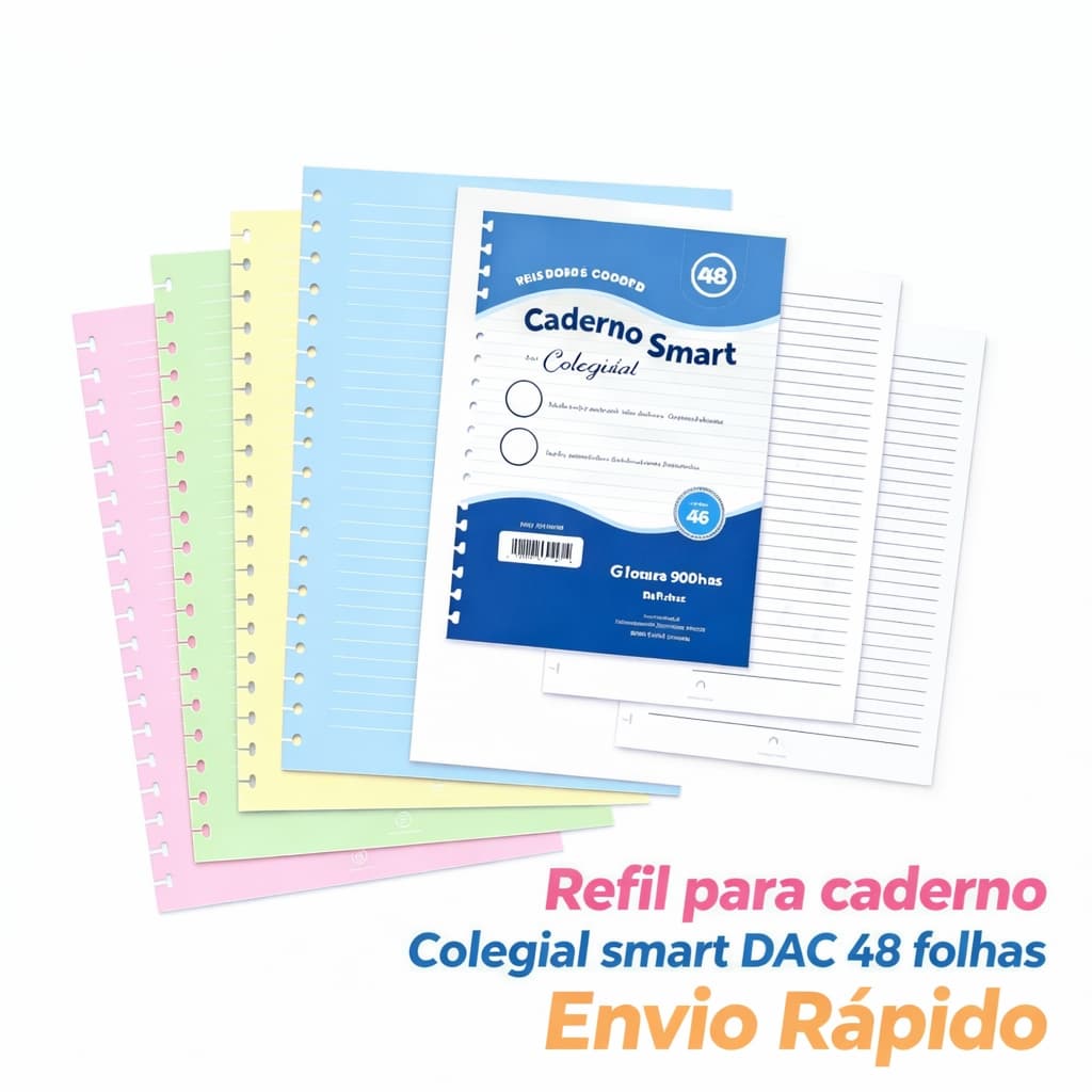 Bloco Refil Caderno Smart DAC Colegial 48 Folhas Médio Pautada Colorida Branca Azul Rosa