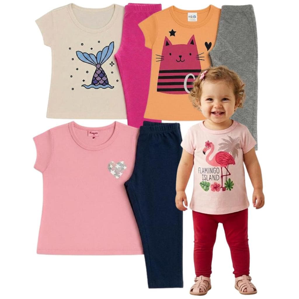 Kit 6 Peças 3 Conjuntos Feminino Infantil Tamanho 1 Ano Camiseta e Legging