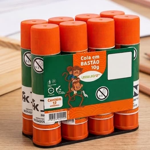 Cola em Bastão 10g Leo&Leo Lavável Atóxica Kit 12 Unidades Material Escolar Escritório Tubo de Cola