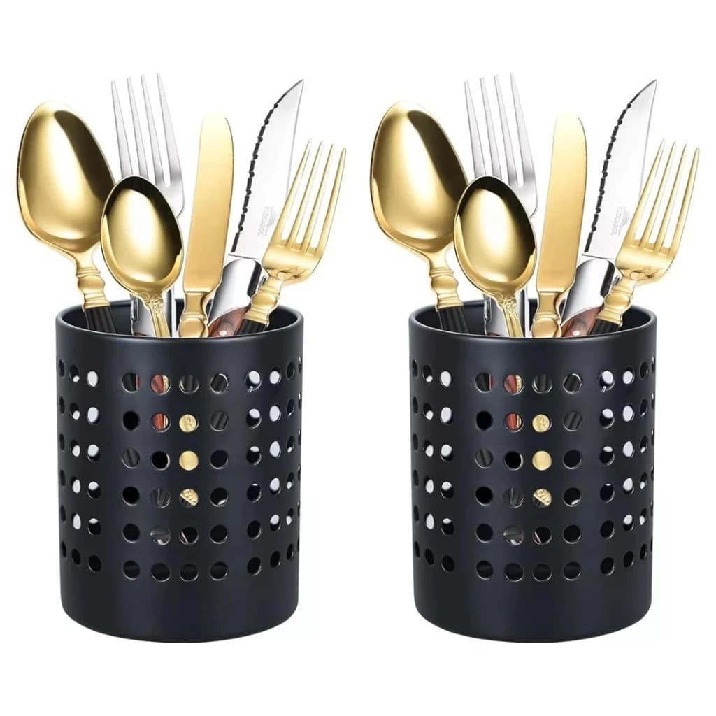 KIT Porta Talheres Utensílios De Cozinha Em Aço Inox Vazado preto Clink