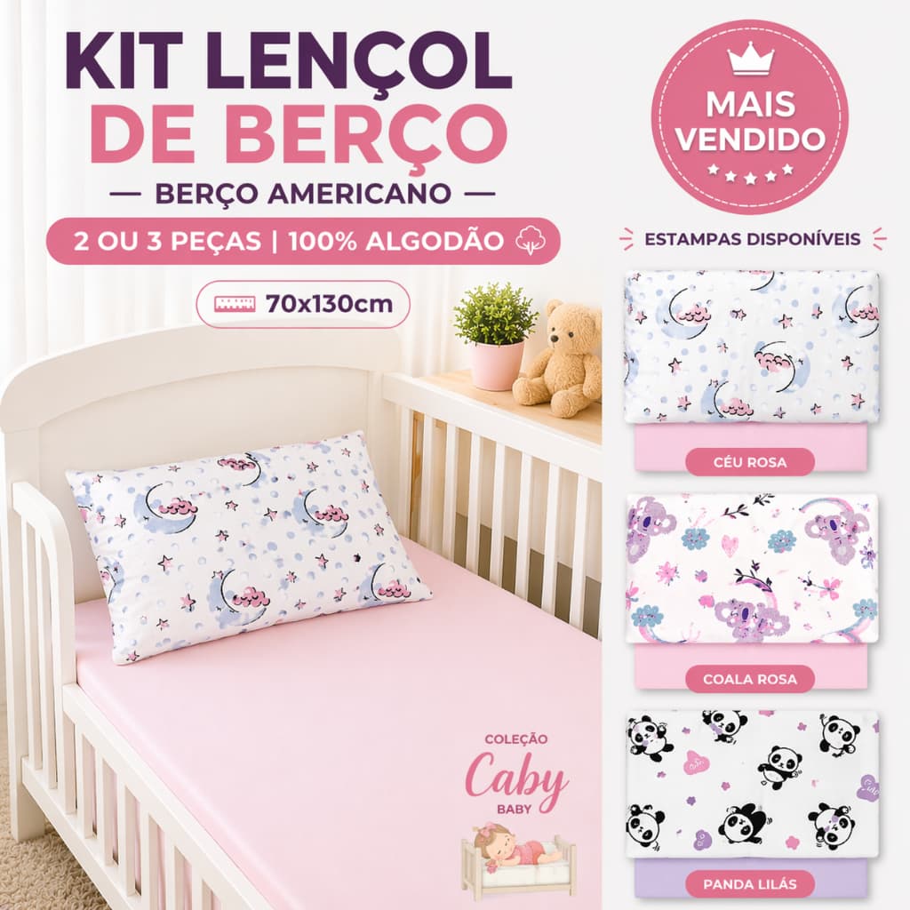 Kit Atacado 3 Jogo Berço Americano 100% Algodão – Lençol Liso + Fronhas Estampadas 70x130