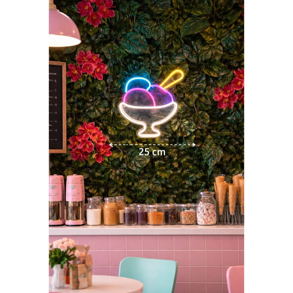 Placa de Neon com Desenho de Sorvete - 25cm de Altura com Fundo em Acrílico e Fonte Bivolt
