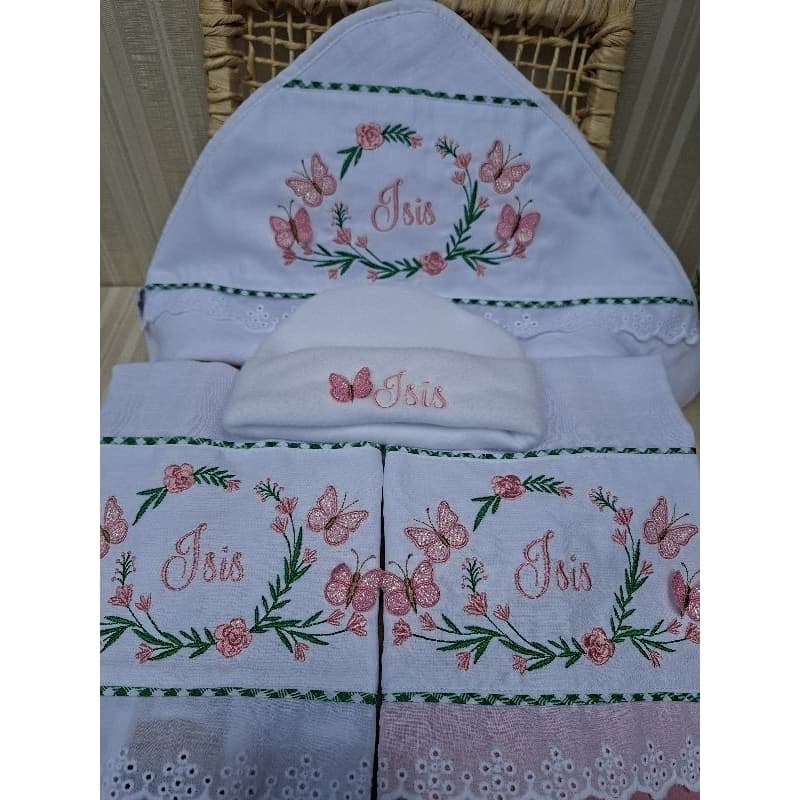 kit 1 toalha fralda capuz 2 fraldas de boca personalizadas touca Enxoval Bebê Maternidade