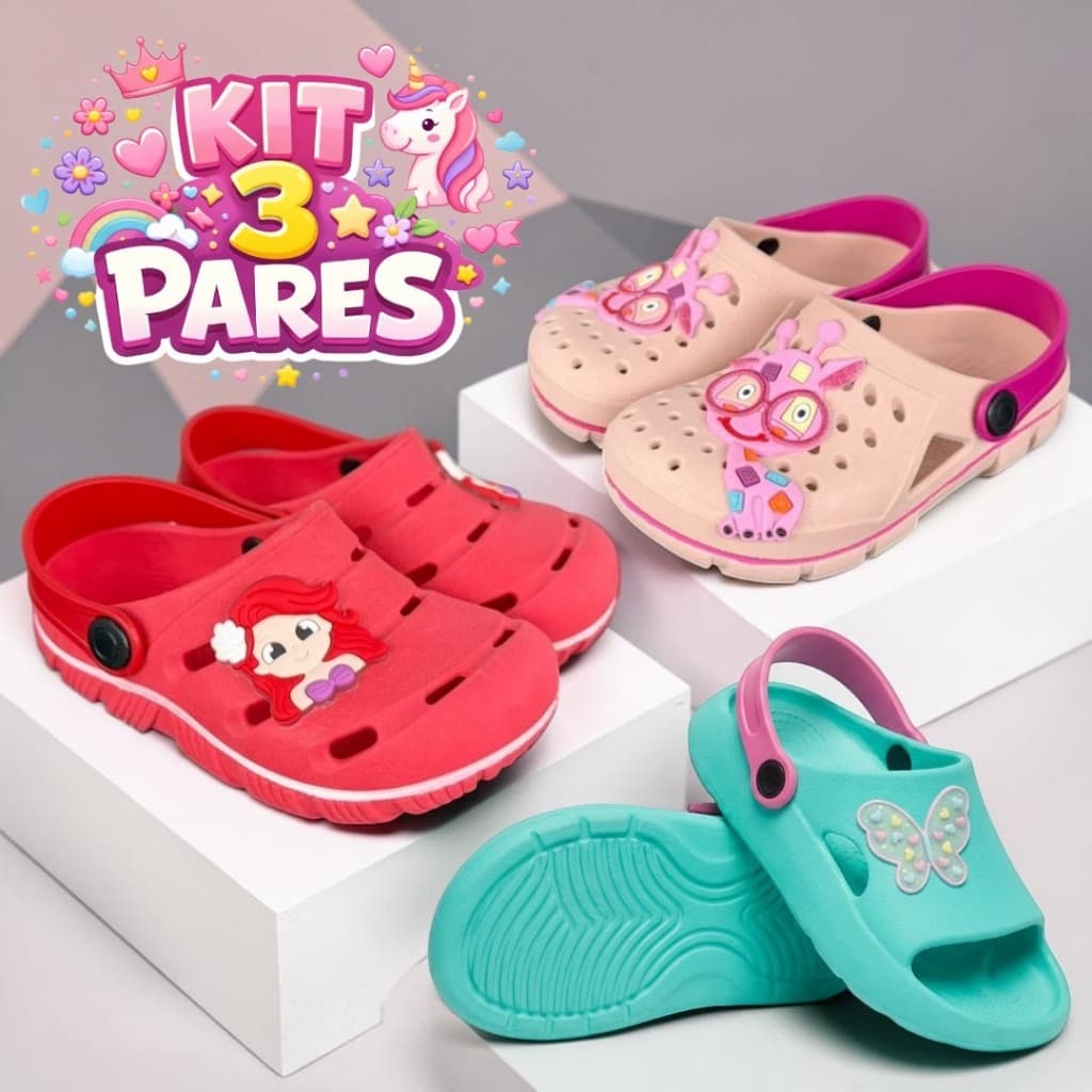 Kit Com 3 Pares De Sandália Babuche Infantil Menina Leve e Confortável