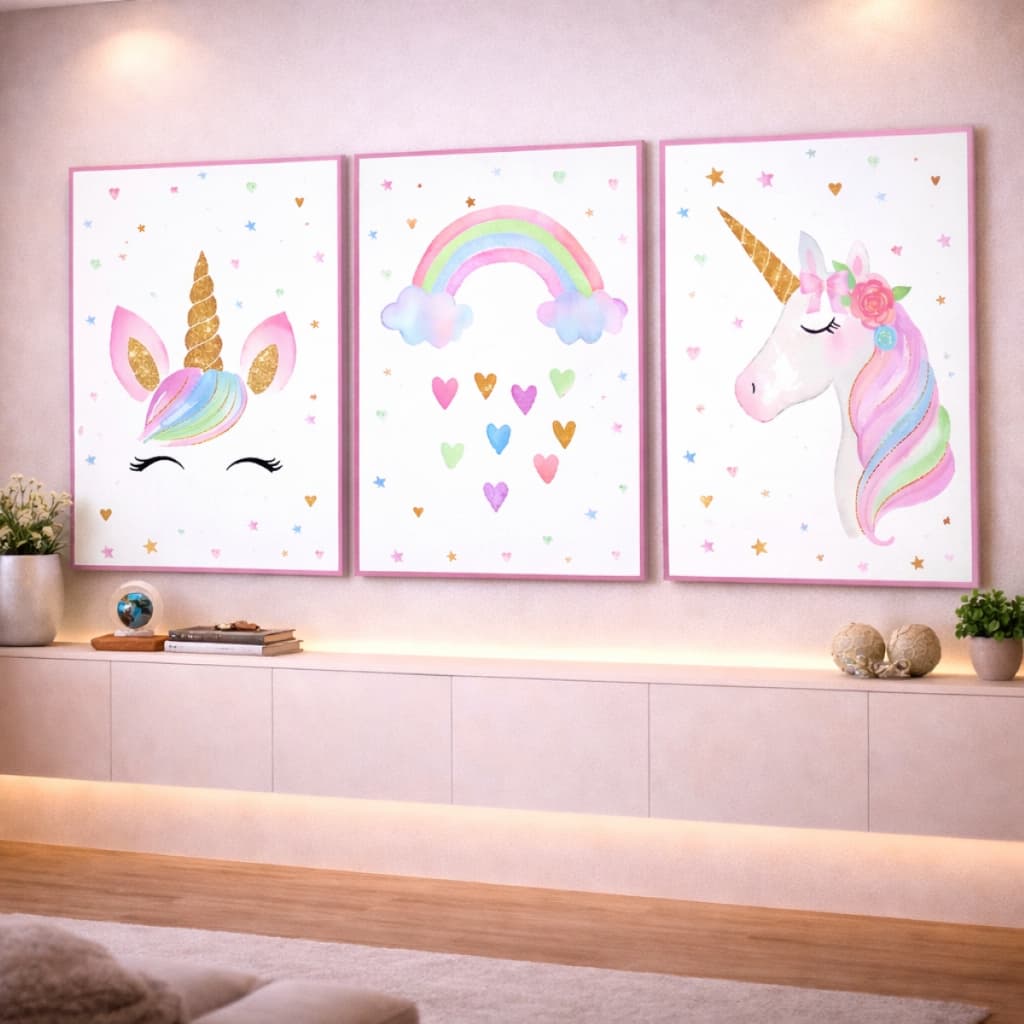 Quadro Decorativo Infantil Unicórnio Arco Iris Rosa Quarto HD 3 Peças