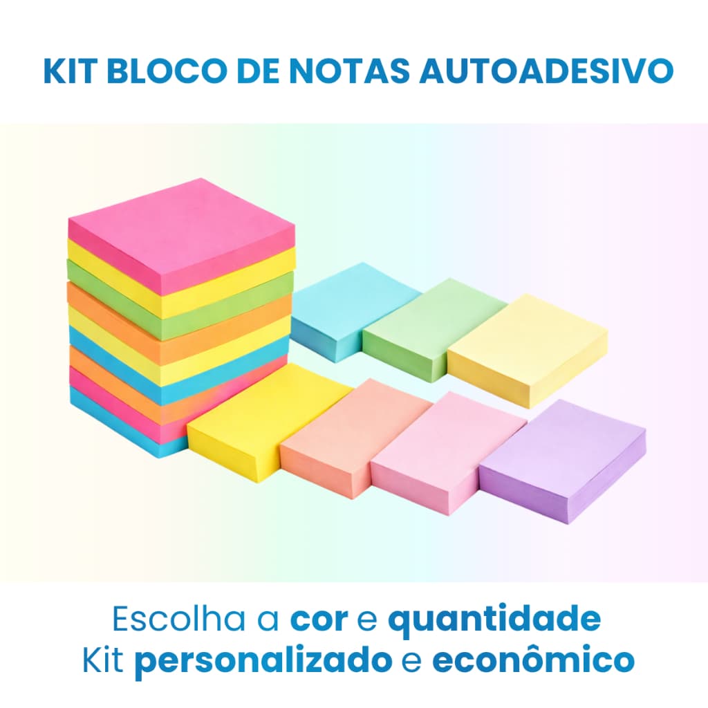Kit Bloco de Notas Autoadesivo Diversas Cores 76x76mm - Anotação Escolar Escritório