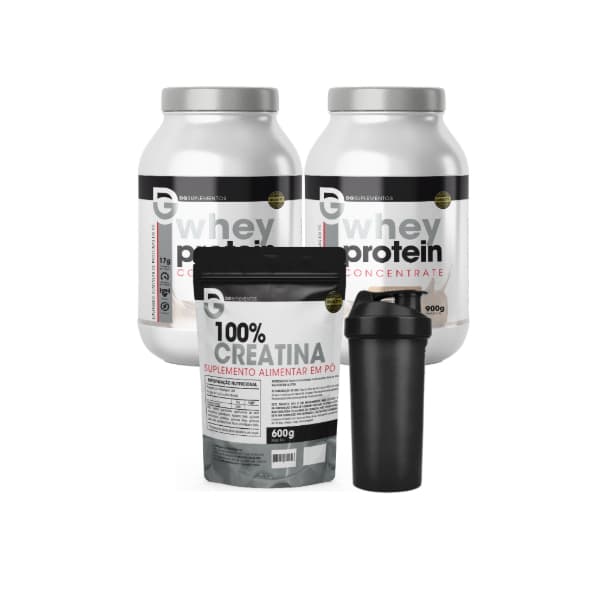 Kit 2x Whey Concentrado 900g + 100% Creatina Pura 600g + Coqueteleira - DG Labs