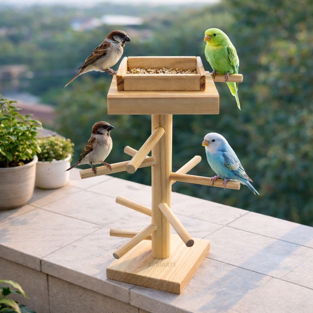 Brinquedo Playground para Pássaros com Comedouro em Madeira | Calopsita, Periquito e Aves