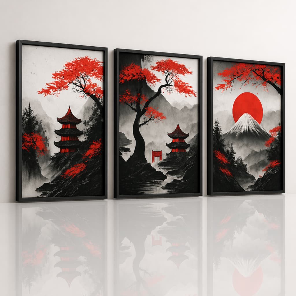 Kit 3 Quadros Decorativos Japão Monte Fuji Oriental Paisagem Sala Quarto Moderno Arvore Cerejeira