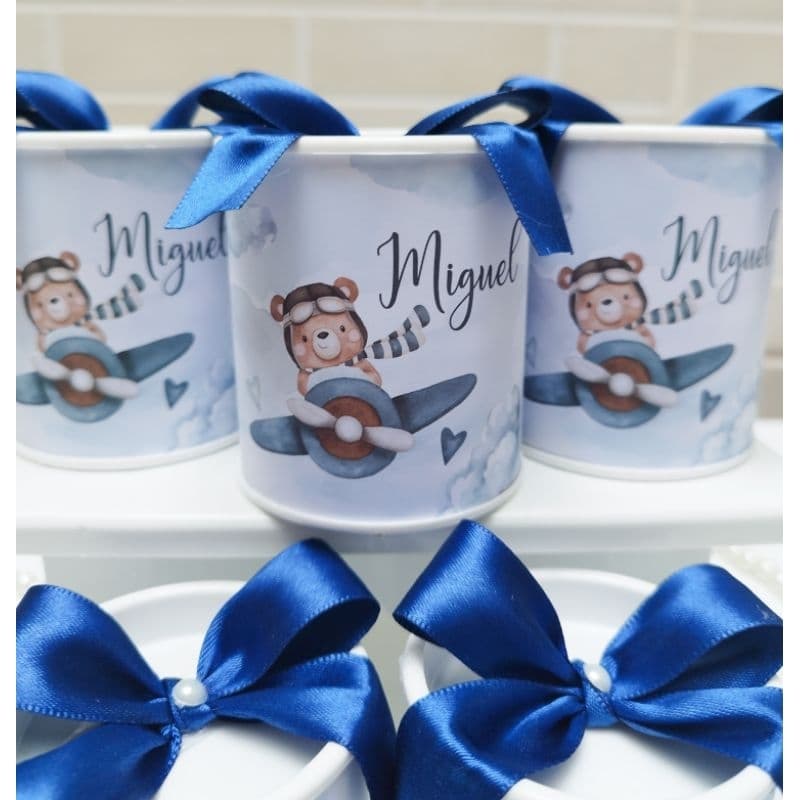 Tubolata Personalizada Ursinho Aviador Azul Lembrancinha Maternidade Nascimento Ursinho Baloeiro