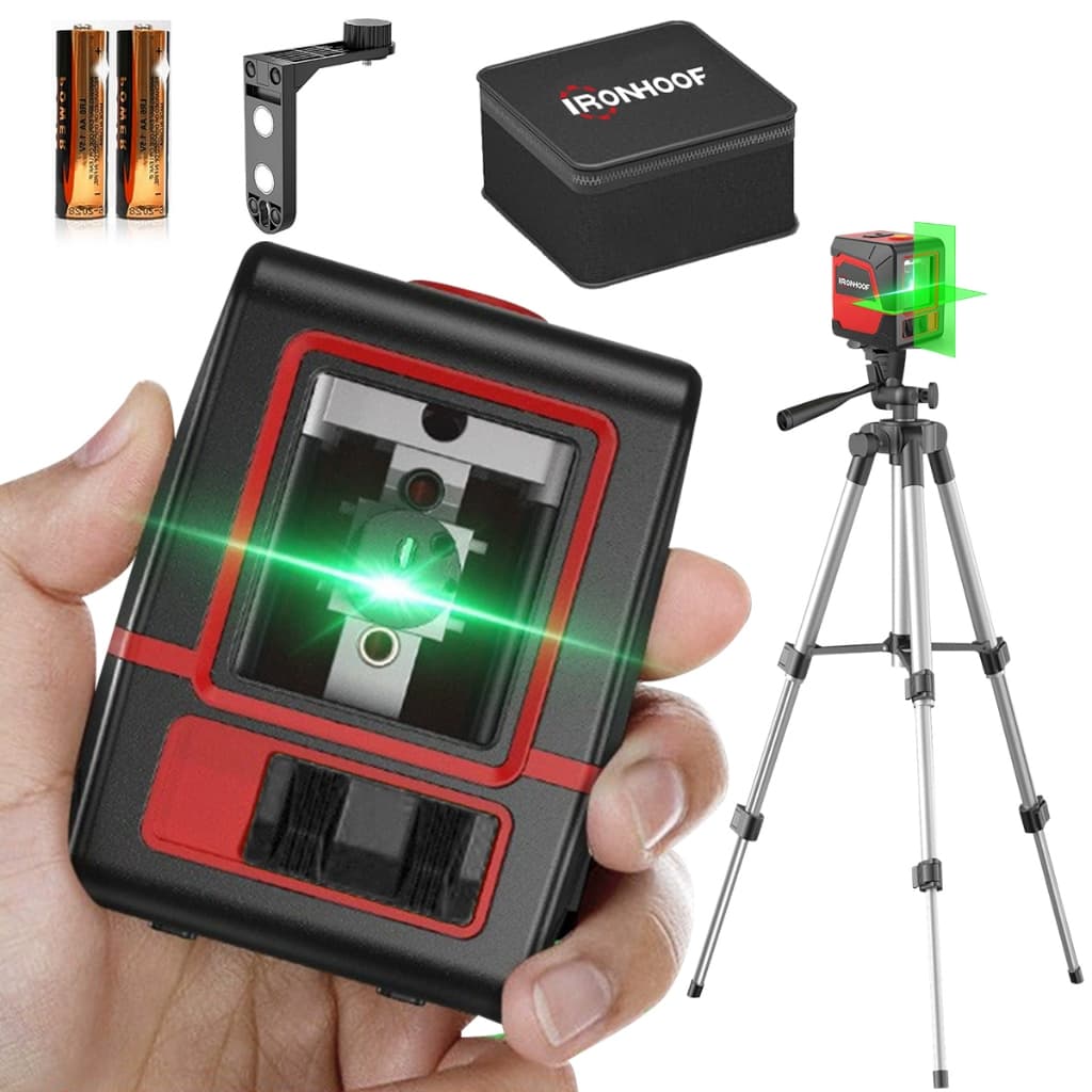 IRONHOOF Nível Laser 2 Linhas Verde IP54 360 Grau com Tripé Autonivelante 20m Precisão ±1mm/10m