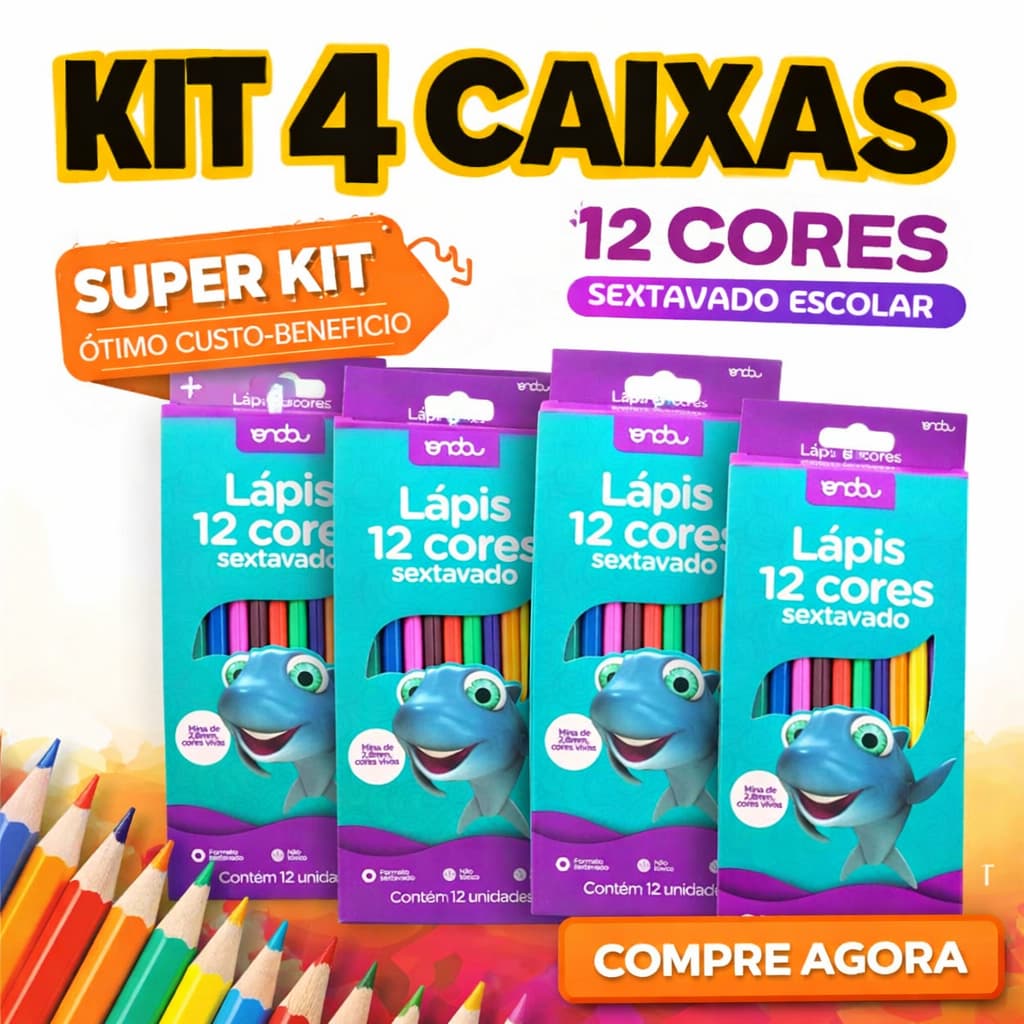 Kit c/ 4 caixas Lapis de Cor 12 cores Grande escolar sextavado macio Resistente Lembrancinha aniversar