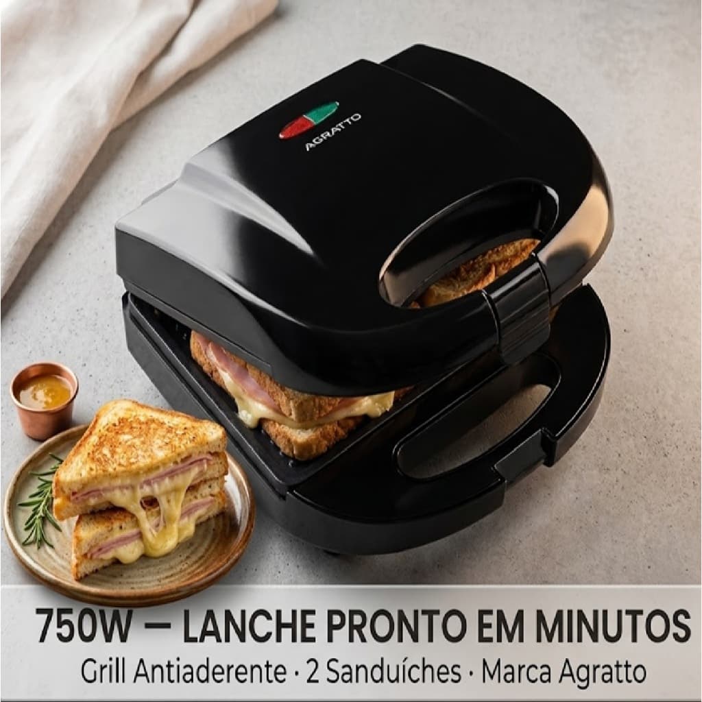 Sanduicheira Grill Elétrica Agratto Black 750W Antiaderente 2 Sanduíches Lanche Rápido 220V