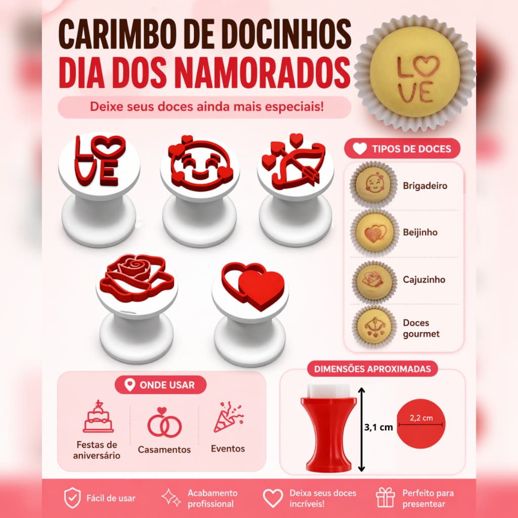 Kit 5 Carimbos para Docinhos Dia dos Namorados Brigadeiro Personalizado Presente Aniversário Eventos