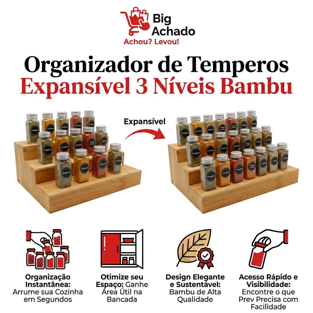 Organizador de Temperos Expansível 3 Níveis Bambu para organização