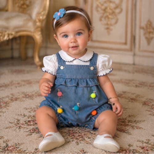 Jardineira Jeans Bebê Feminina com Bordado de Cisne e Pompom + Blusa Manga Princesa Conjunto Luxo Confortável Brokinha