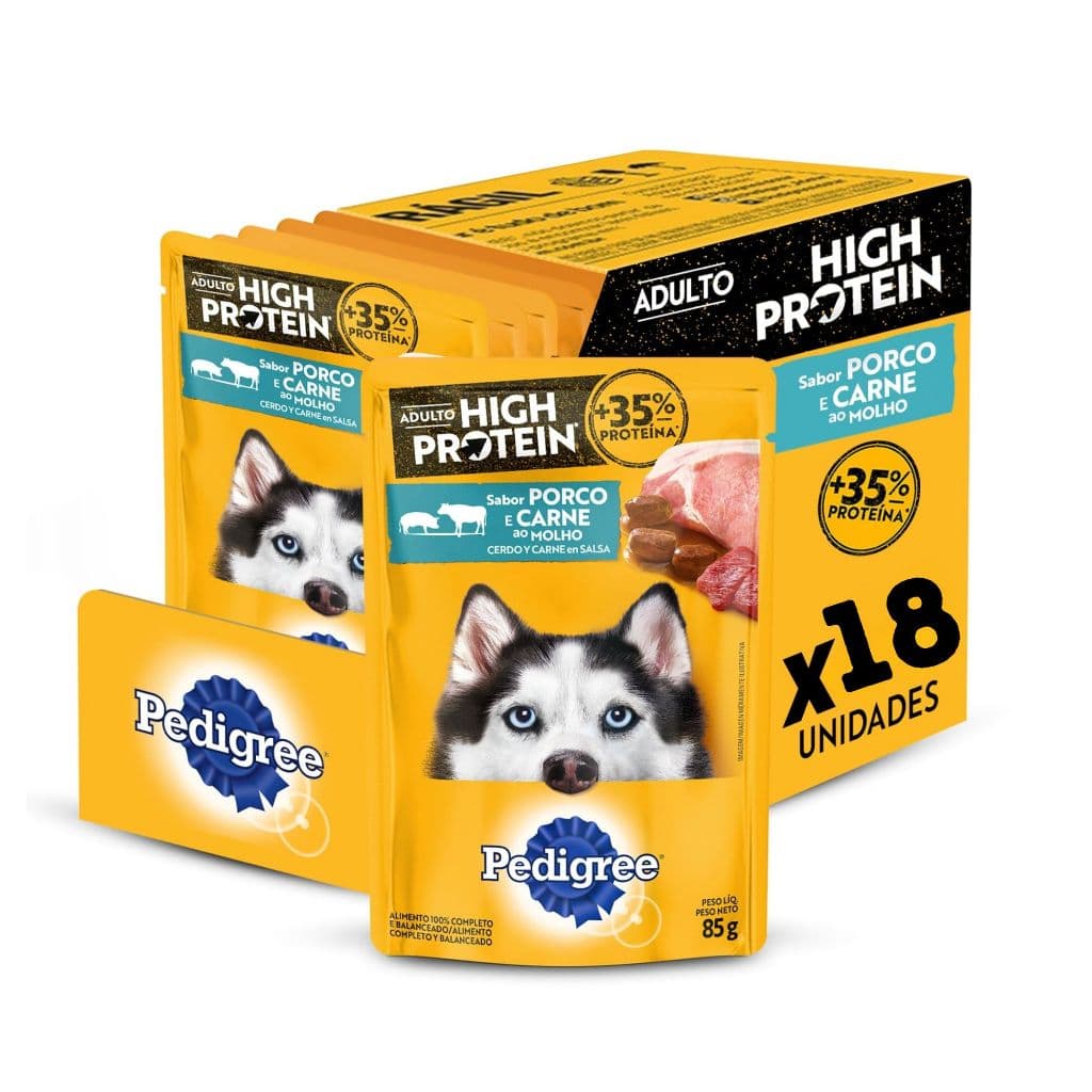 KIT SACHE PEDIGREE HIGH PROTEIN 18 UNIDADES 85G PORCO E CARNE AO MOLHO