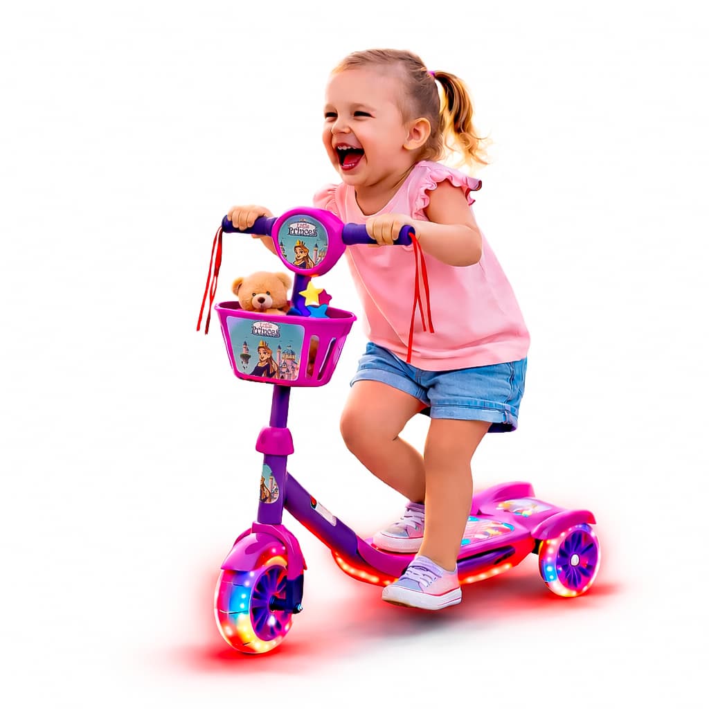 Patinete Infantil Meninas Roxo Lançamento Musical e Luzes 3 Rodas Com Cesta Promoção Com Led