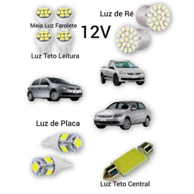 Kit Lâmpadas Led Gol Voyage Saveiro G2, G3, G4, G5, G6, G7 Meia Luz Teto Central e Lateral Placa E Luz de Ré