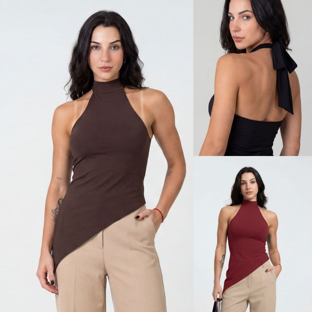 Blusa Decote Halter em Poliamida Gola Alta Amarração e Barra Assimétrica
