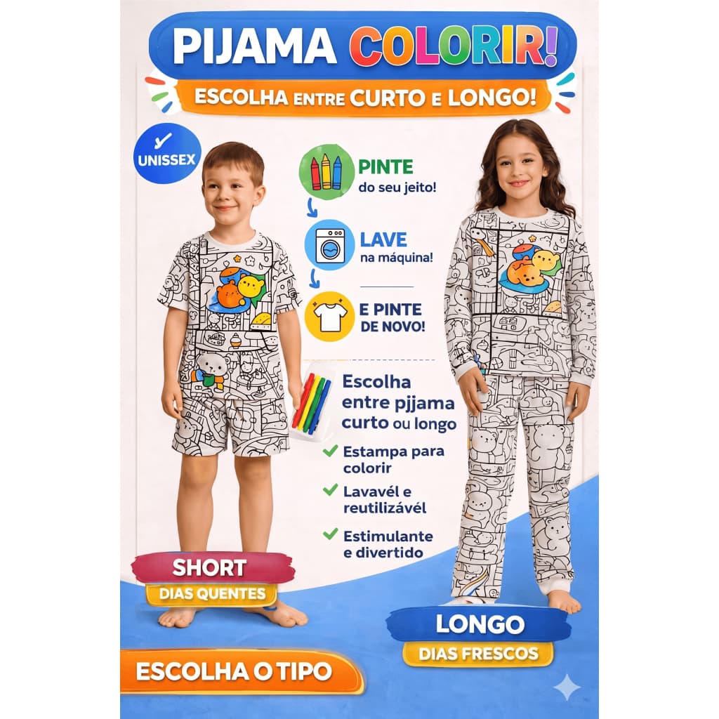Pijama Infantil de Colorir Lavável + Canetinhas | Unissex | Diversão que Volta Após Lavar/ Pijama Infantil Xadrez Básico