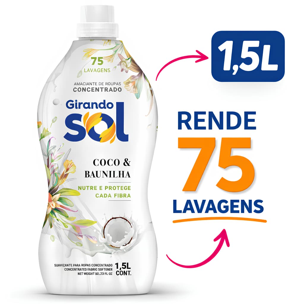 Amaciante Girando Sol Coco e Baunilha Concentrado 1,5L - Rende até 75 Lavagens