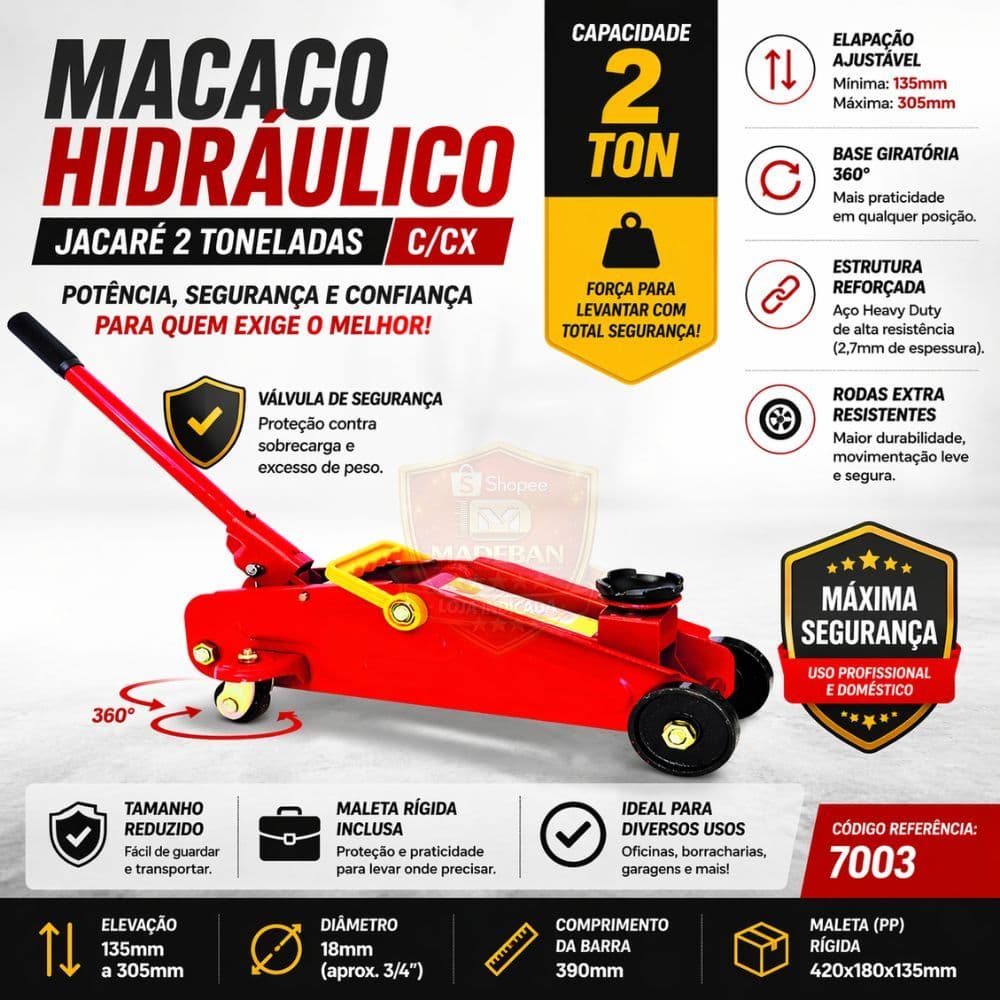 Macaco Hidráulico Tipo Jacaré 2 Toneladas Na Maleta - Super Resistente