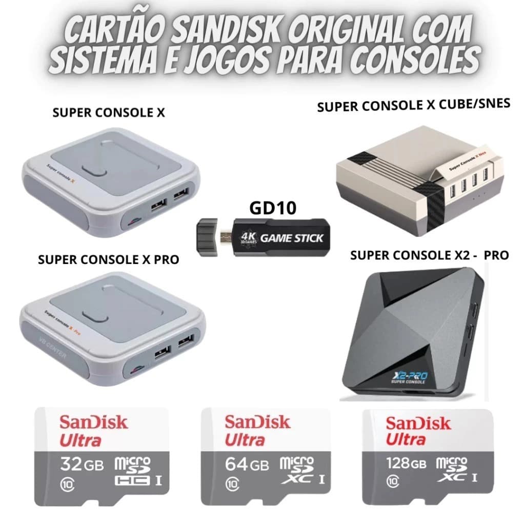 Cartão de Memória Original para Super Console X PRO CUBE com Sistema e Jogos em Português PT-BR Super Console gamestick