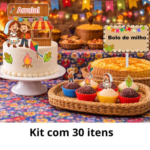 Kit Festa Junina 30 itens Topo de Bolo +  Toppers + Plaquinhas | Decoração São João | Arraiá | Decoraçõa  Envio Rápido