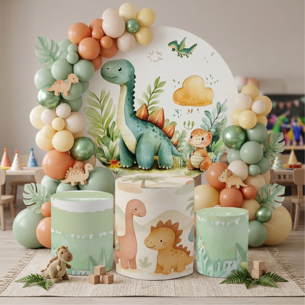 Capa Festiva Para Painel Redondo Trio Cilindro Dino Baby Dinossauro Decoração Infantil  Bibi Painéis