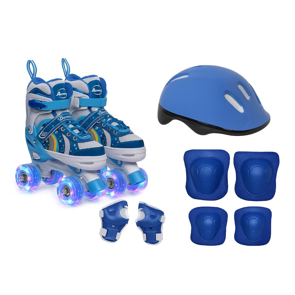 Patins Quad infantil Roxo Verde Rosa Azul RainbowStars Menina e Menino Arco Íris Tamanho Ajustável + KIT PROTEÇÃO