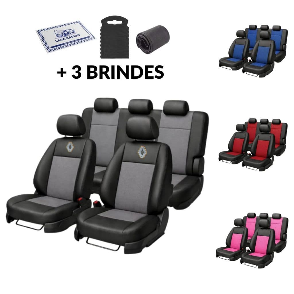 Capa Banco Carro Couro Ecológico Colorido p/ Renault Captur Clio Duster Fluence Logan Sandero Symbol Megane Luxo 5 Lugar