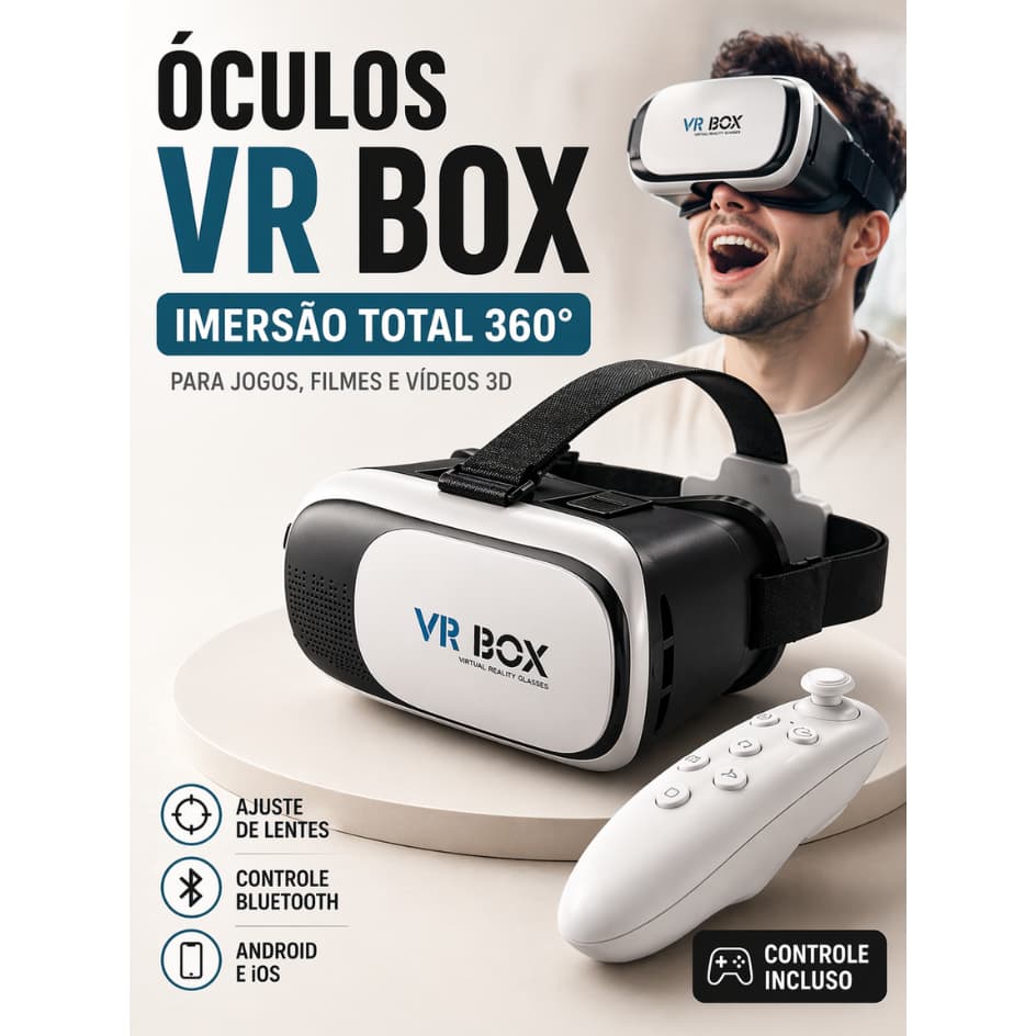 Óculos VR Box 3D Com Controle Bluetooth Android iOS Ajuste Lente Imersão Total 360 Realidade Virtual