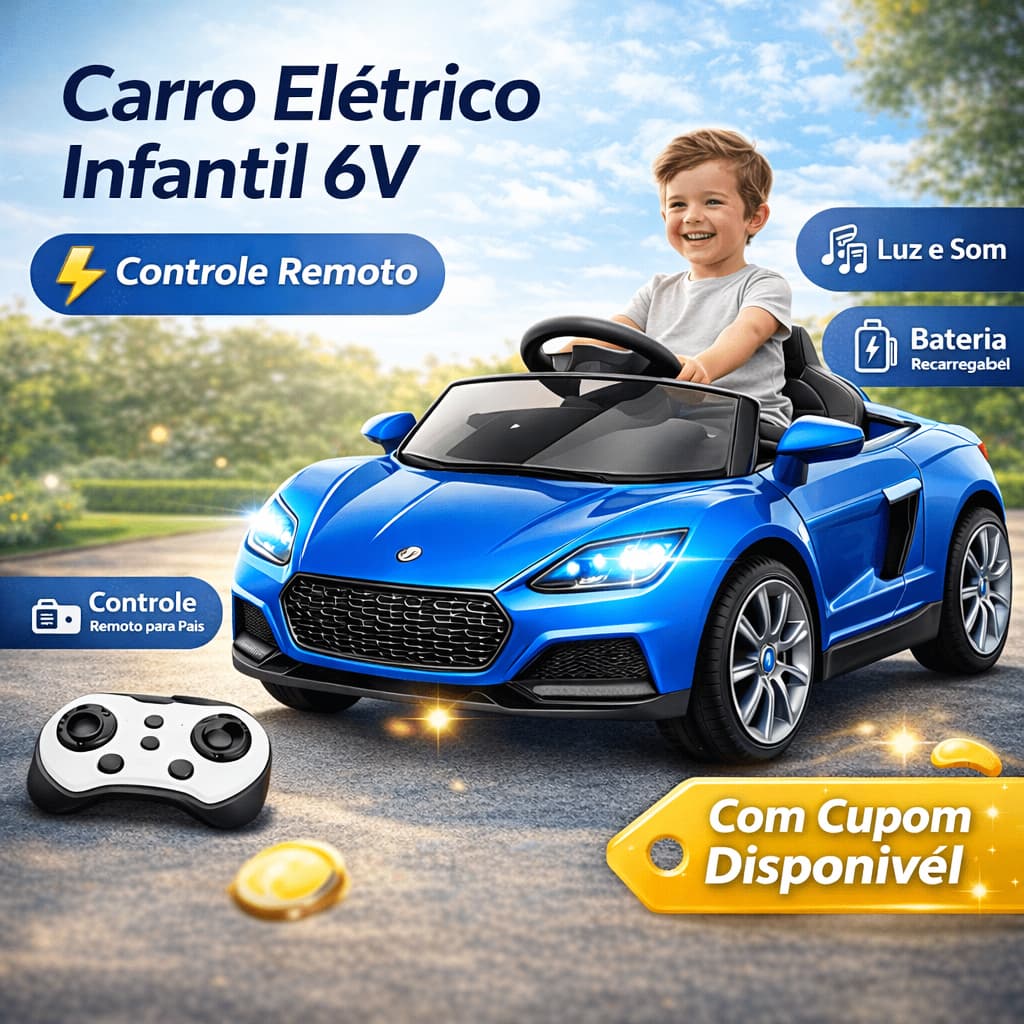Carro Elétrico Infantil 6V Azul Esportivo Controle Remoto Recarregável Passeio Criança