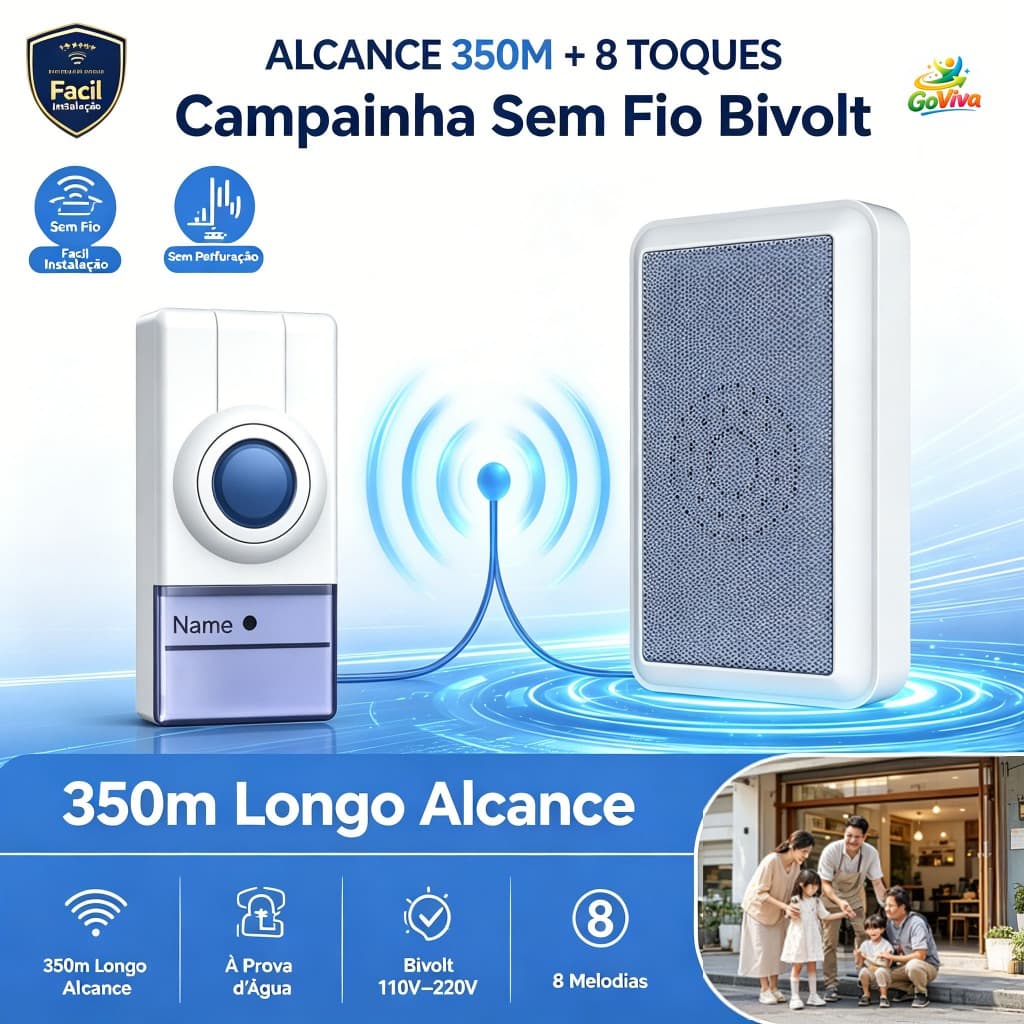 Campainha sem fio, bivolt, à prova d’água, fácil de instalar, com grande alcance de recepção